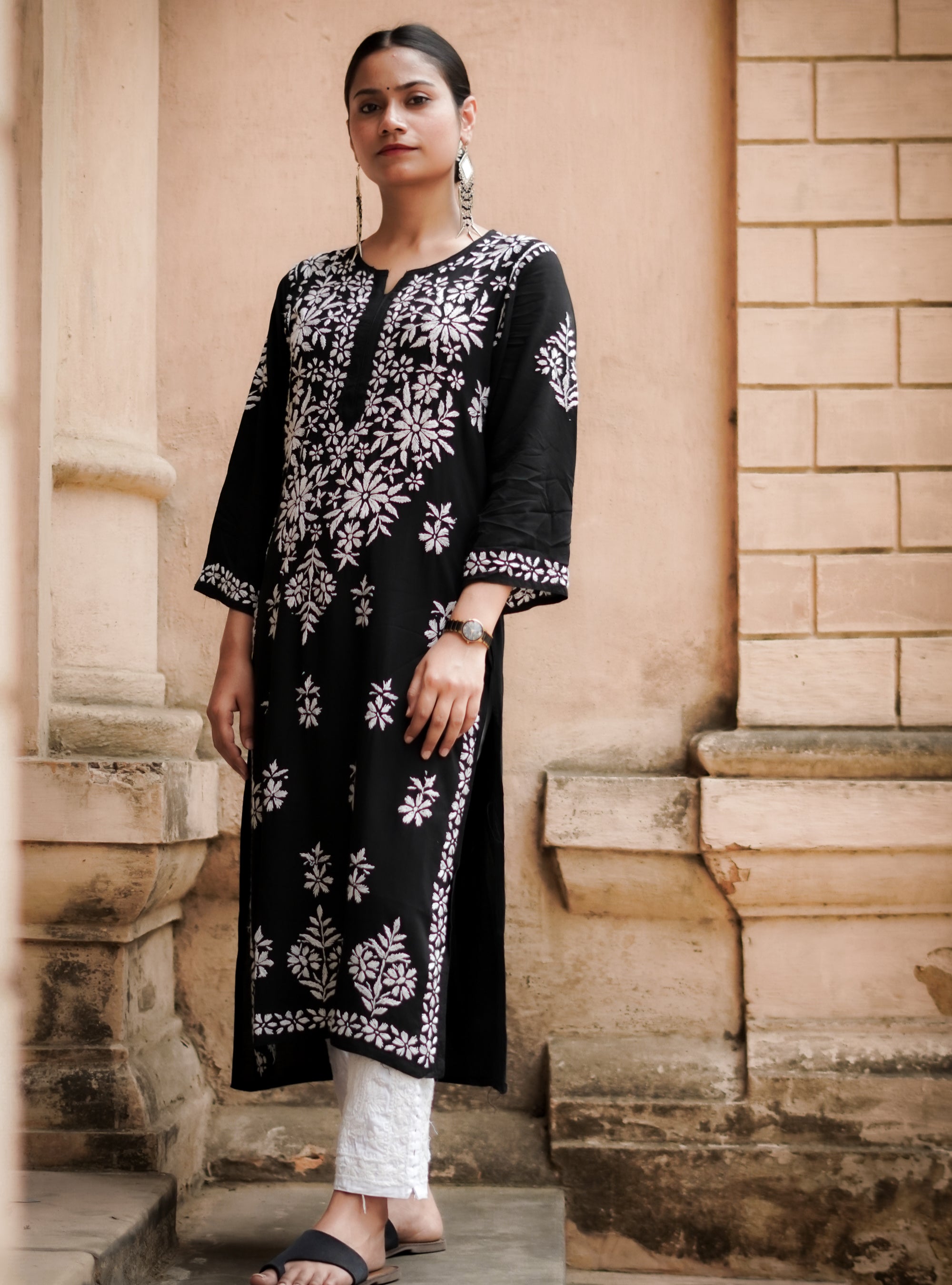Rayon Fabric Chikankari Kurti With White Colour