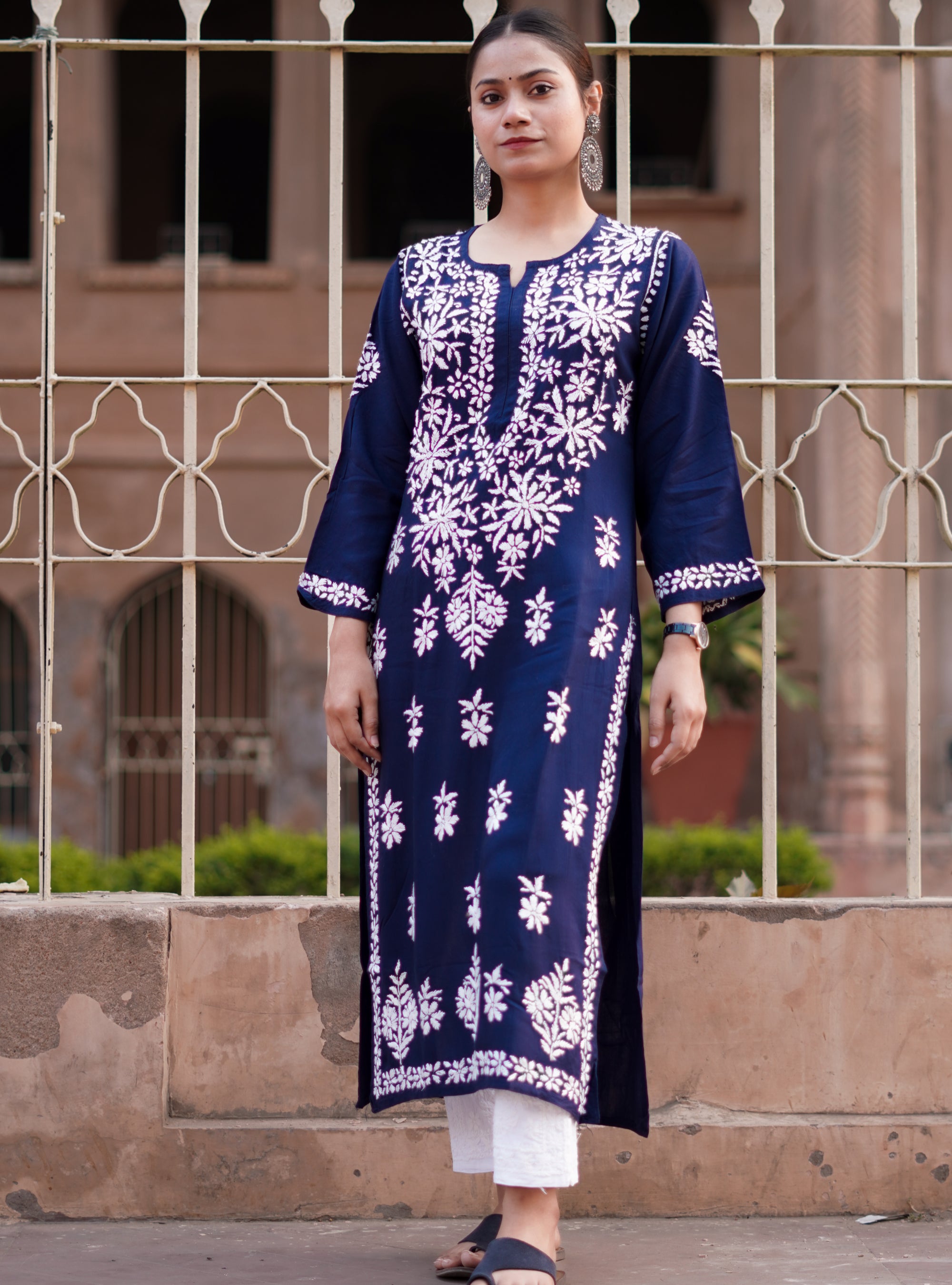 Rayon Fabric Chikankari Kurti With White Colour