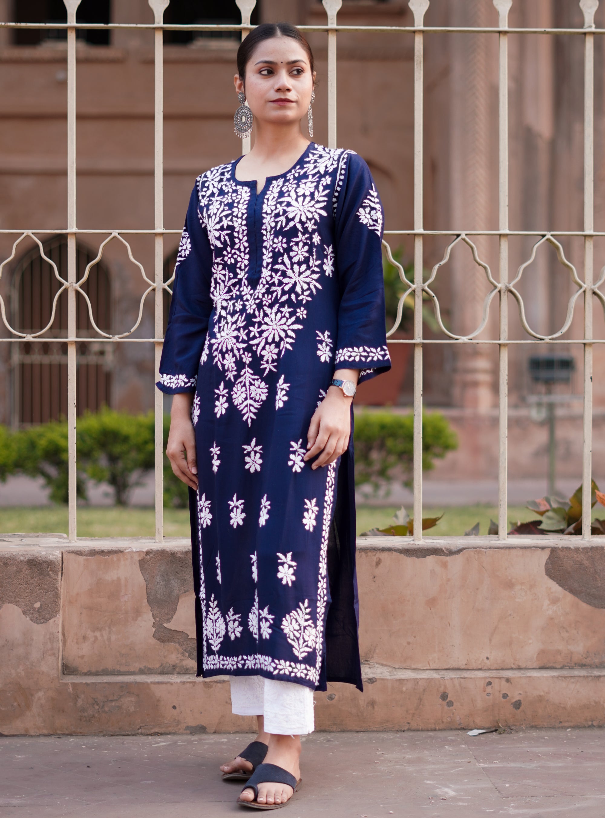 Rayon Fabric Chikankari Kurti With White Colour