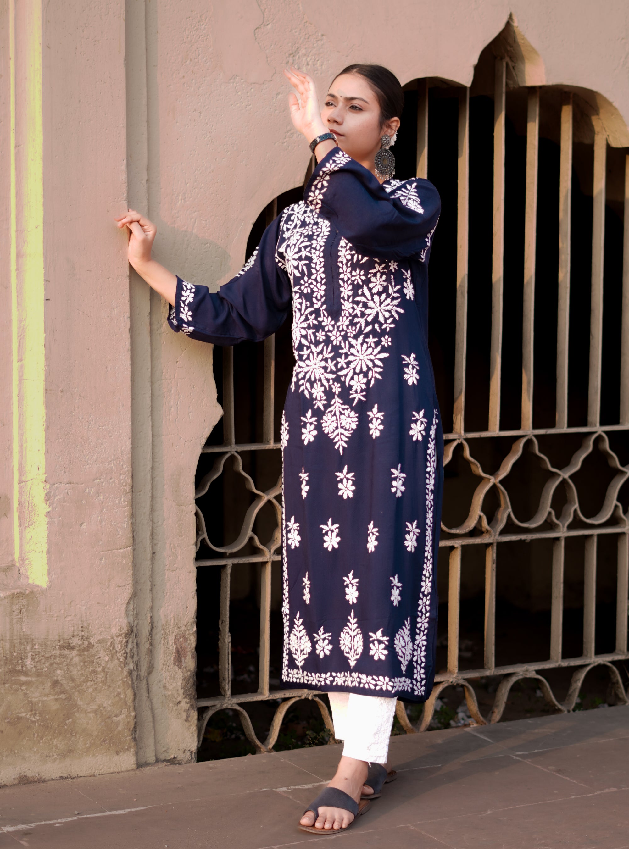 Rayon Fabric Chikankari Kurti With White Colour
