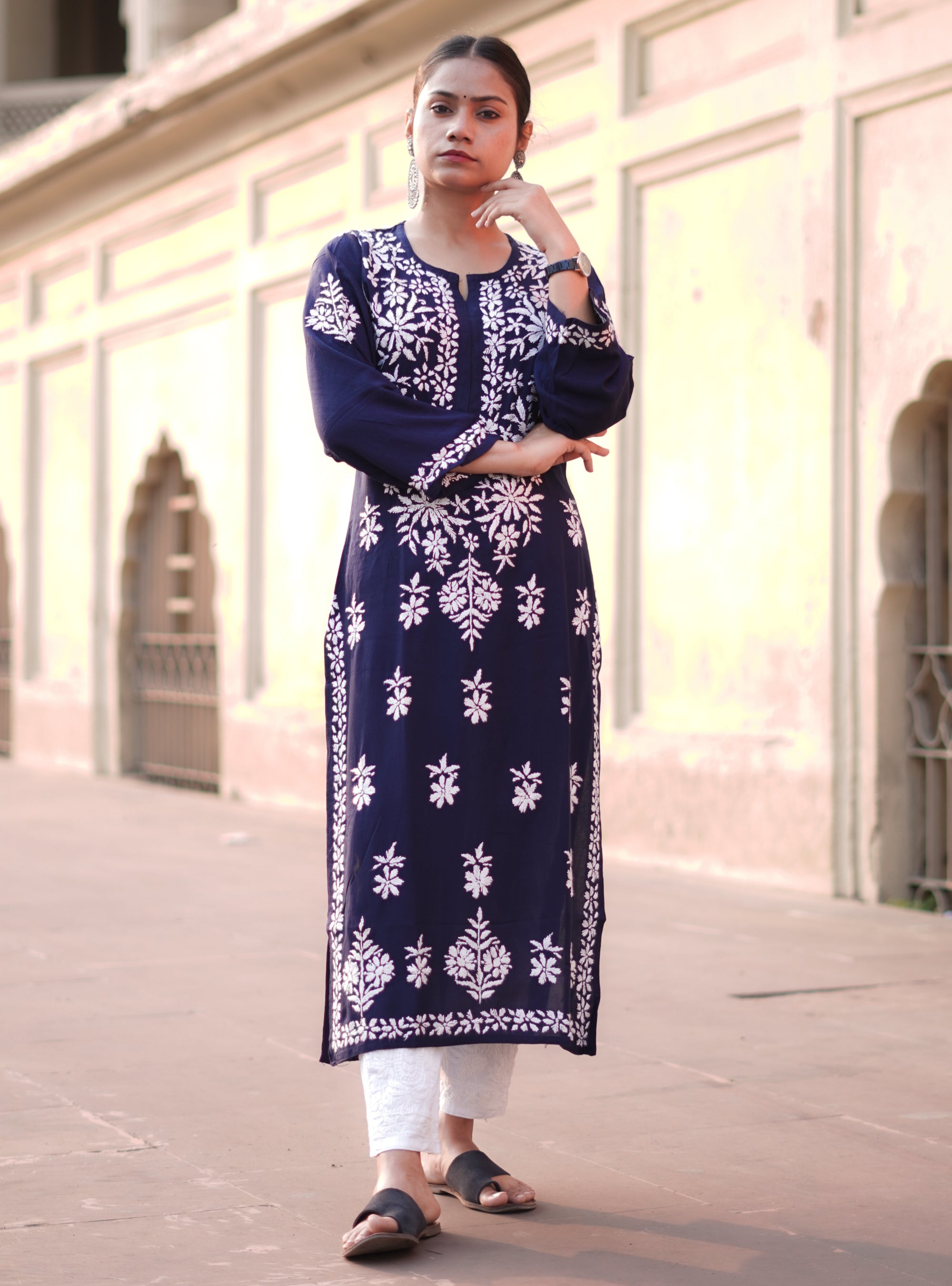 Rayon Fabric Chikankari Kurti With White Colour