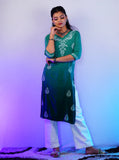 Rayon Green Colour Shaded Chikankari Work- Long Kurta