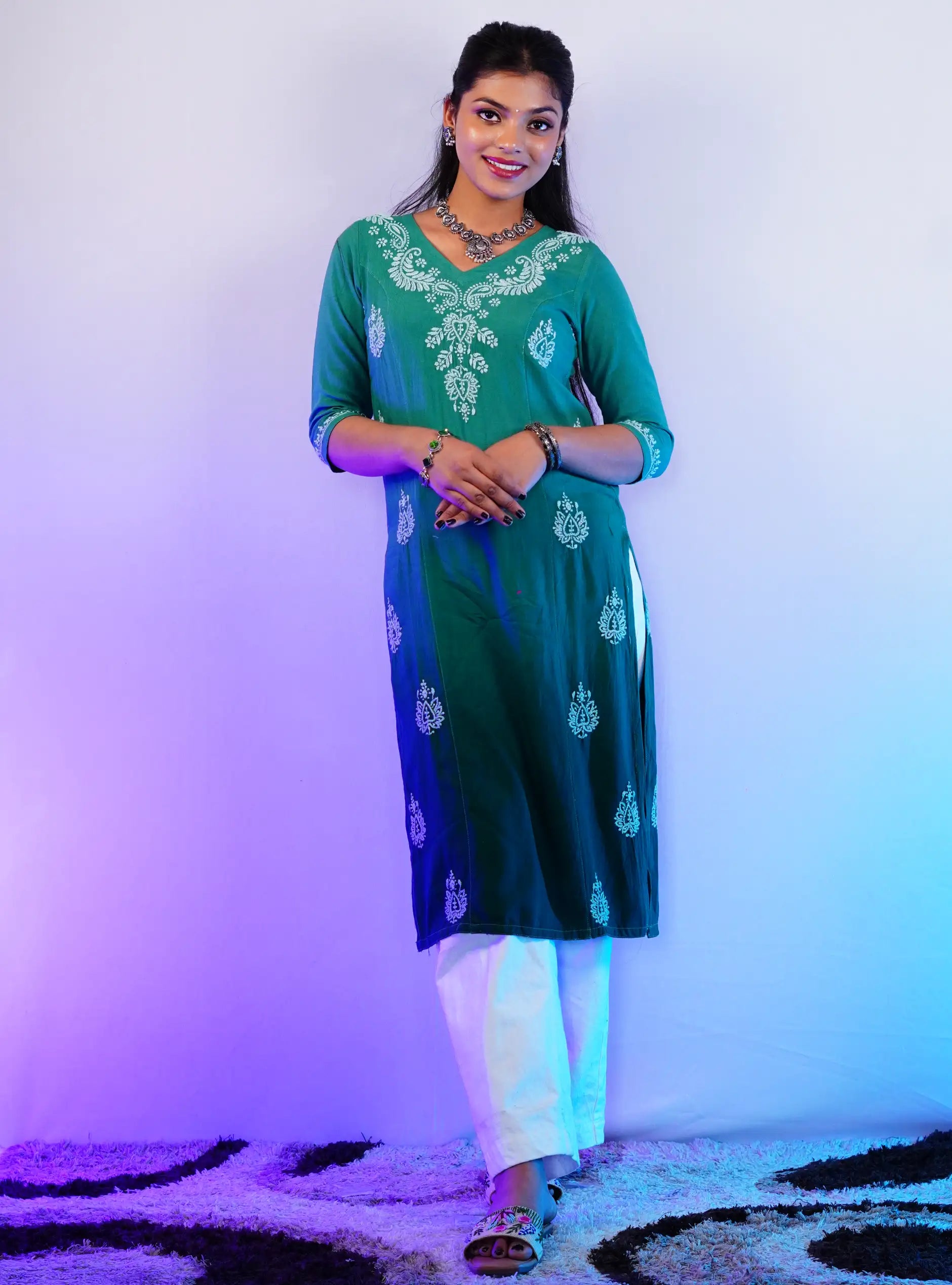 Rayon Green Colour Shaded Chikankari Work- Long Kurta