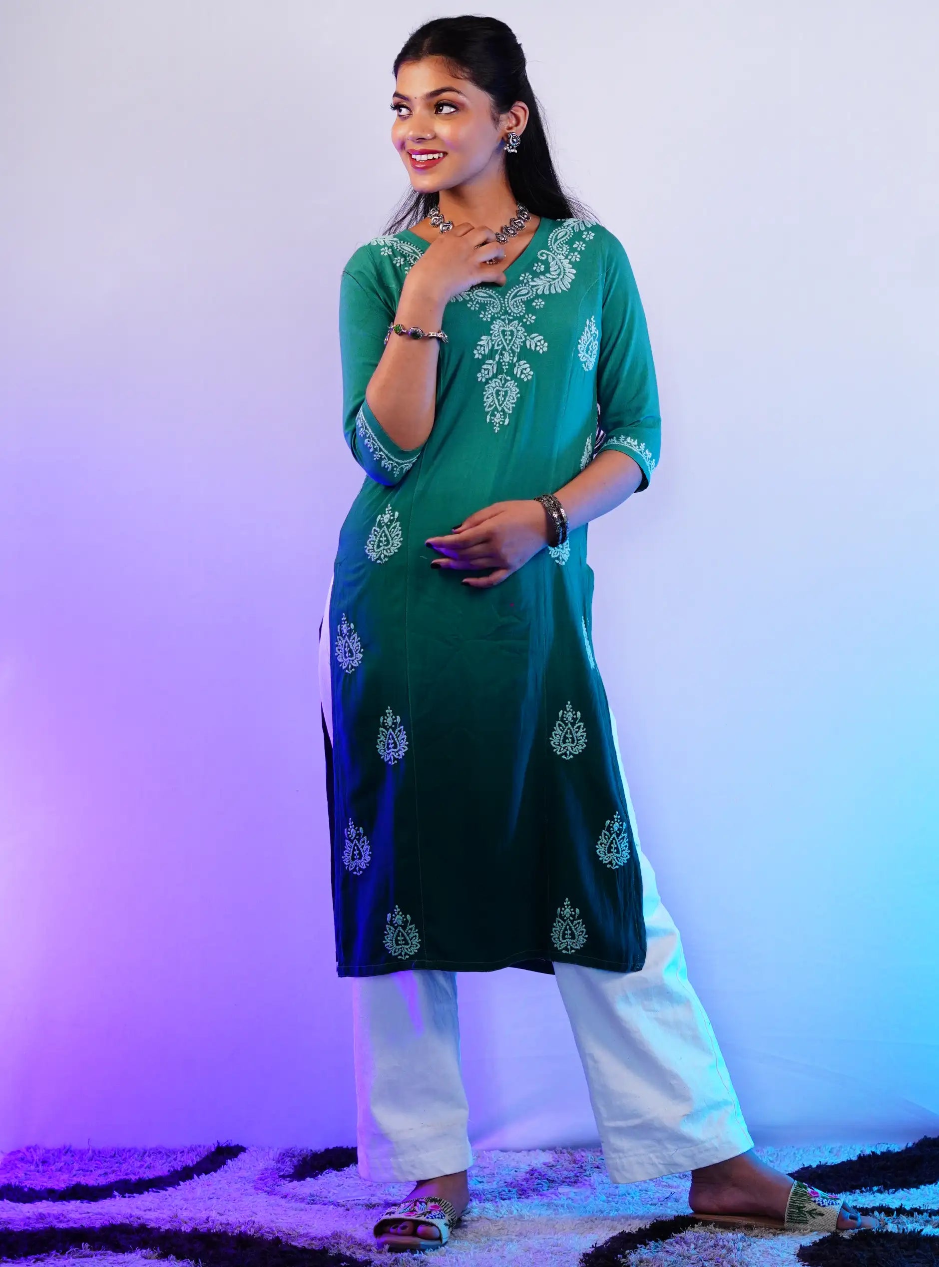 Rayon Green Colour Shaded Chikankari Work- Long Kurta
