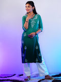 Rayon Green Colour Shaded Chikankari Work- Long Kurta