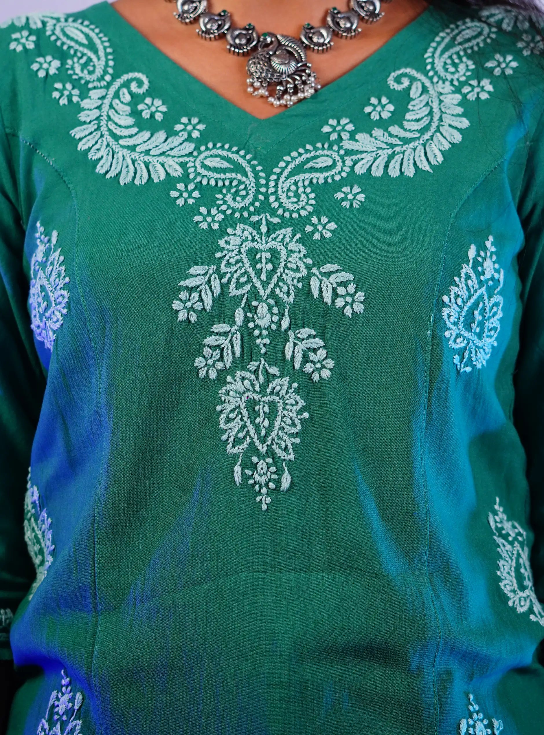 Rayon Green Colour Shaded Chikankari Work- Long Kurta