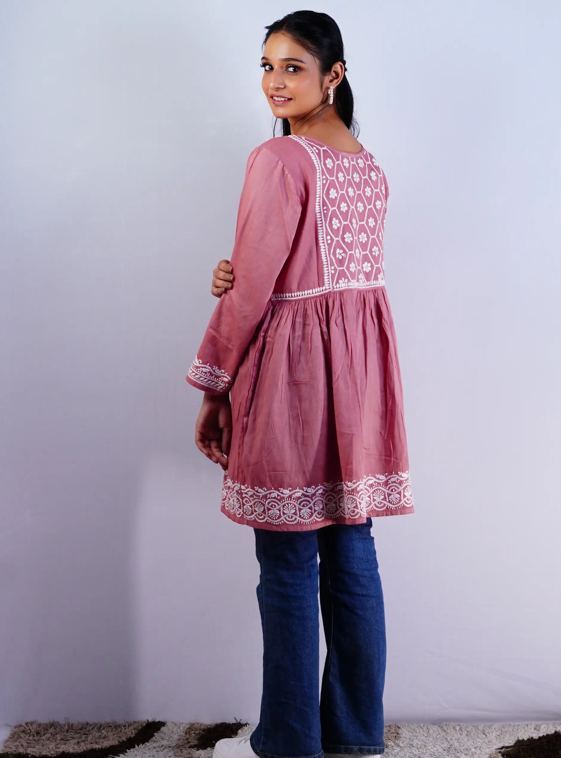 Purani Jeans Cotton Old Rose colour Chikankari work- Short kurti