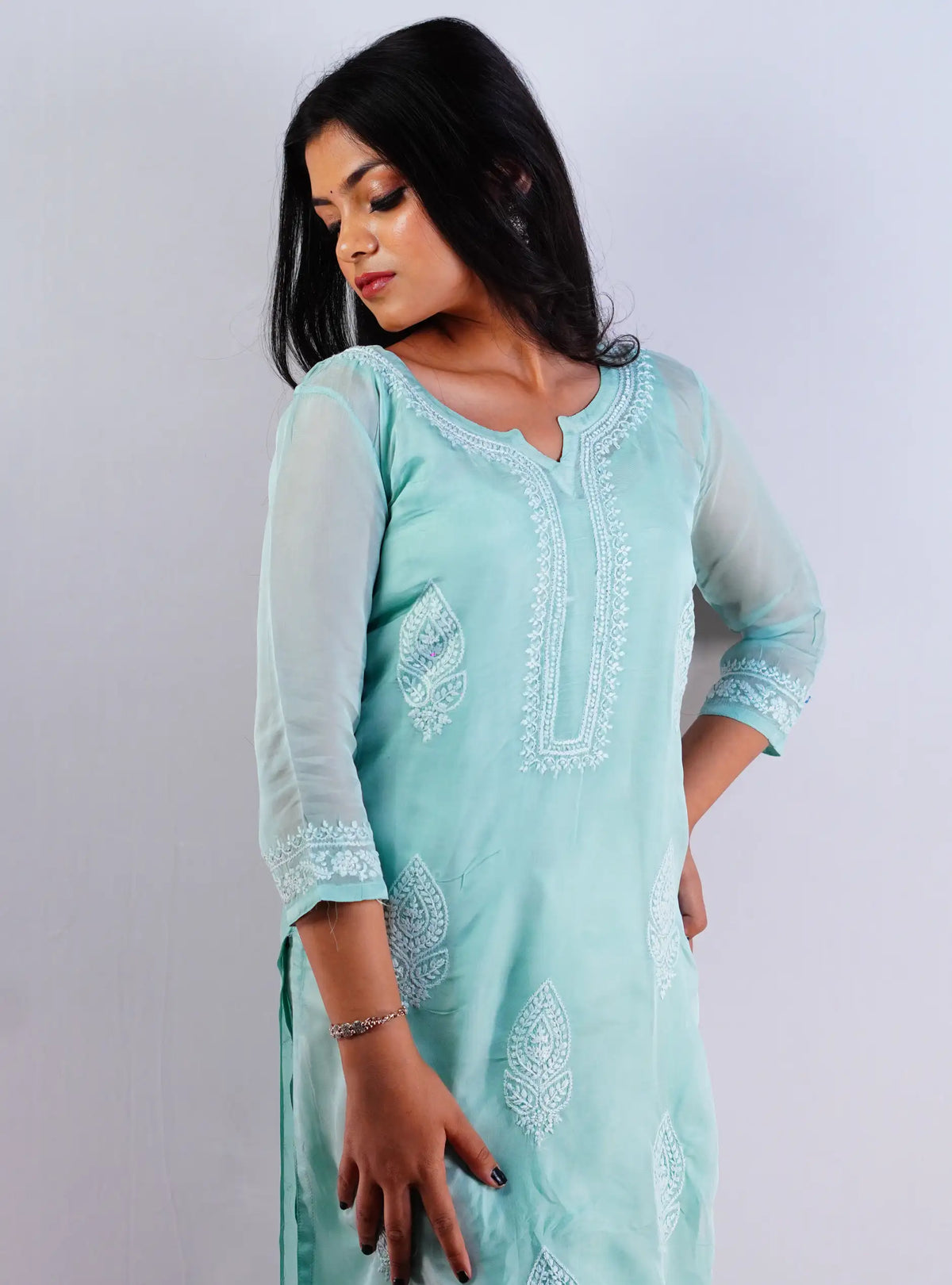 Organza Turquoise Colour Chikankari Work - Long Kurta with lining