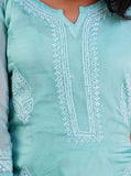 Organza Turquoise Colour Chikankari Work - Long Kurta with lining