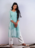 Organza Turquoise Colour Chikankari Work - Long Kurta with lining