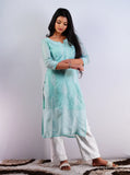 Organza Turquoise Colour Chikankari Work - Long Kurta with lining