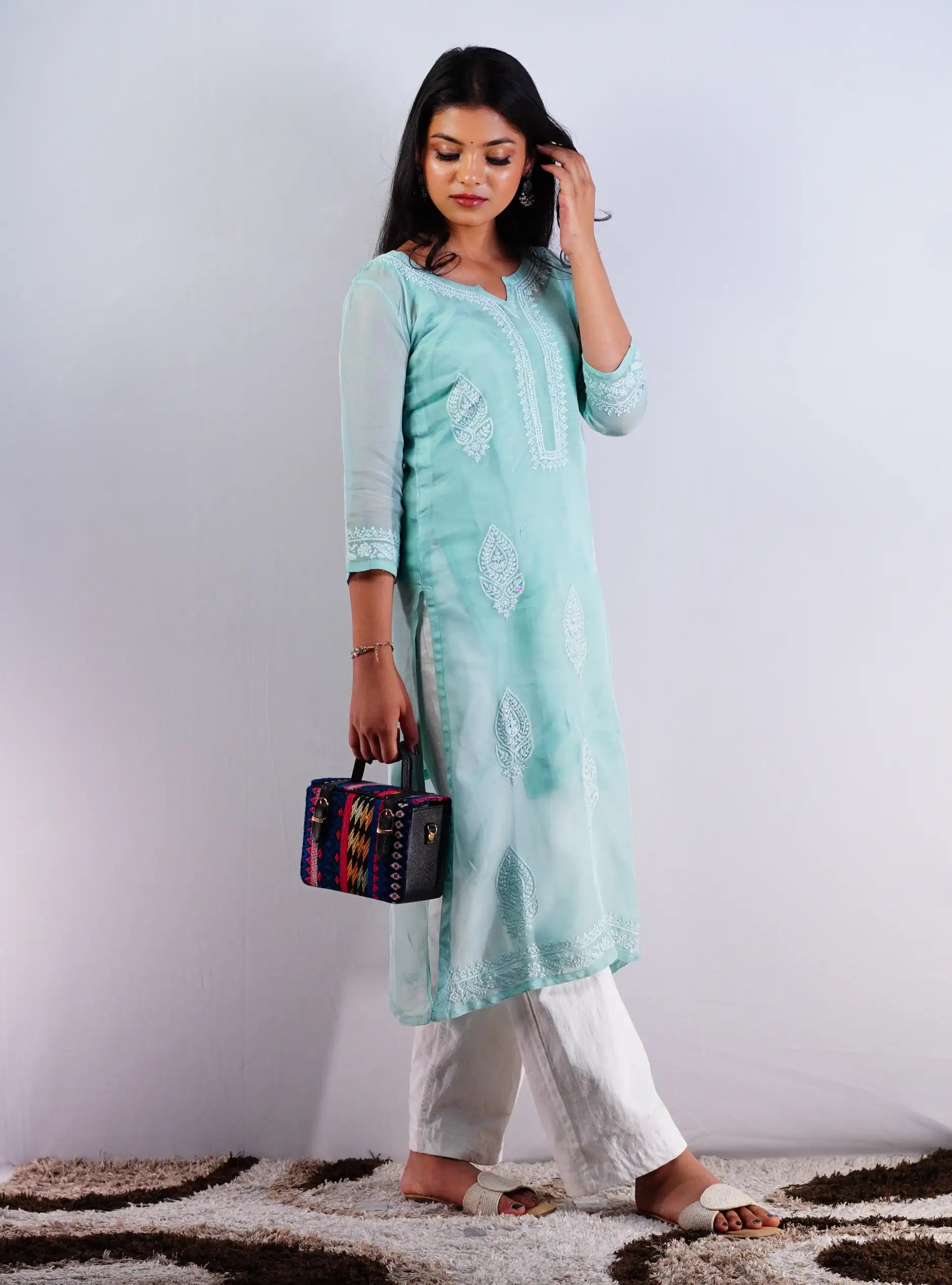 Organza Turquoise Colour Chikankari Work - Long Kurta with lining