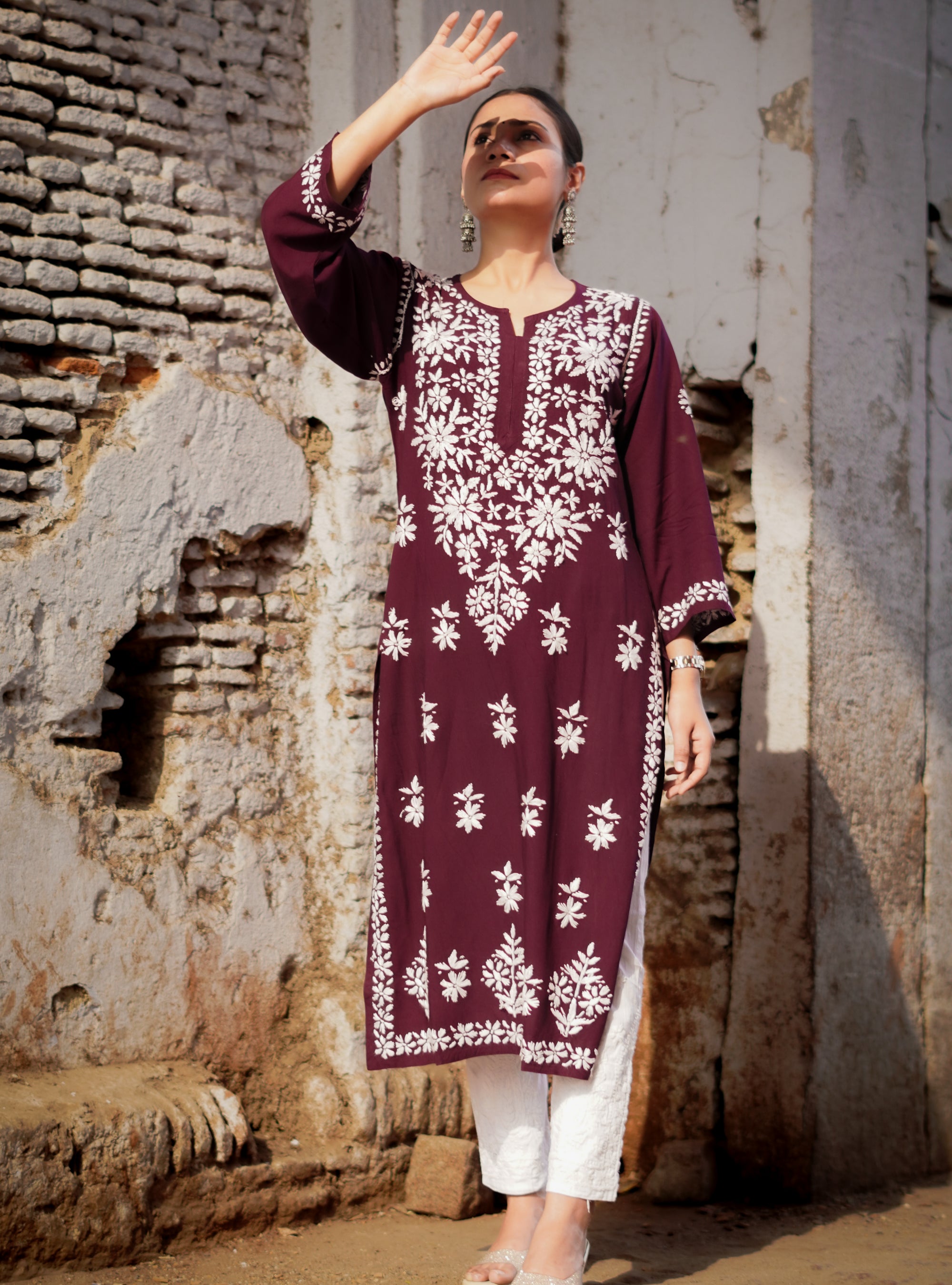 Rayon Fabric Chikankari Kurti With White Colour