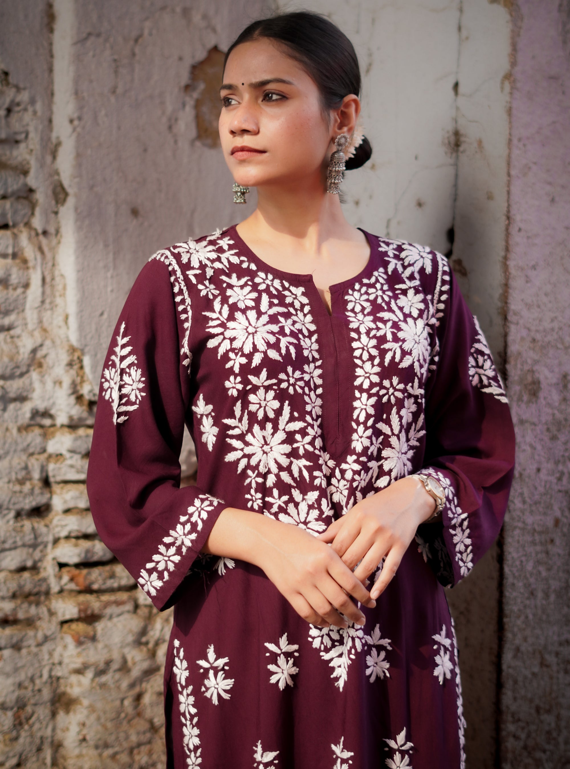 Rayon Fabric Chikankari Kurti With White Colour