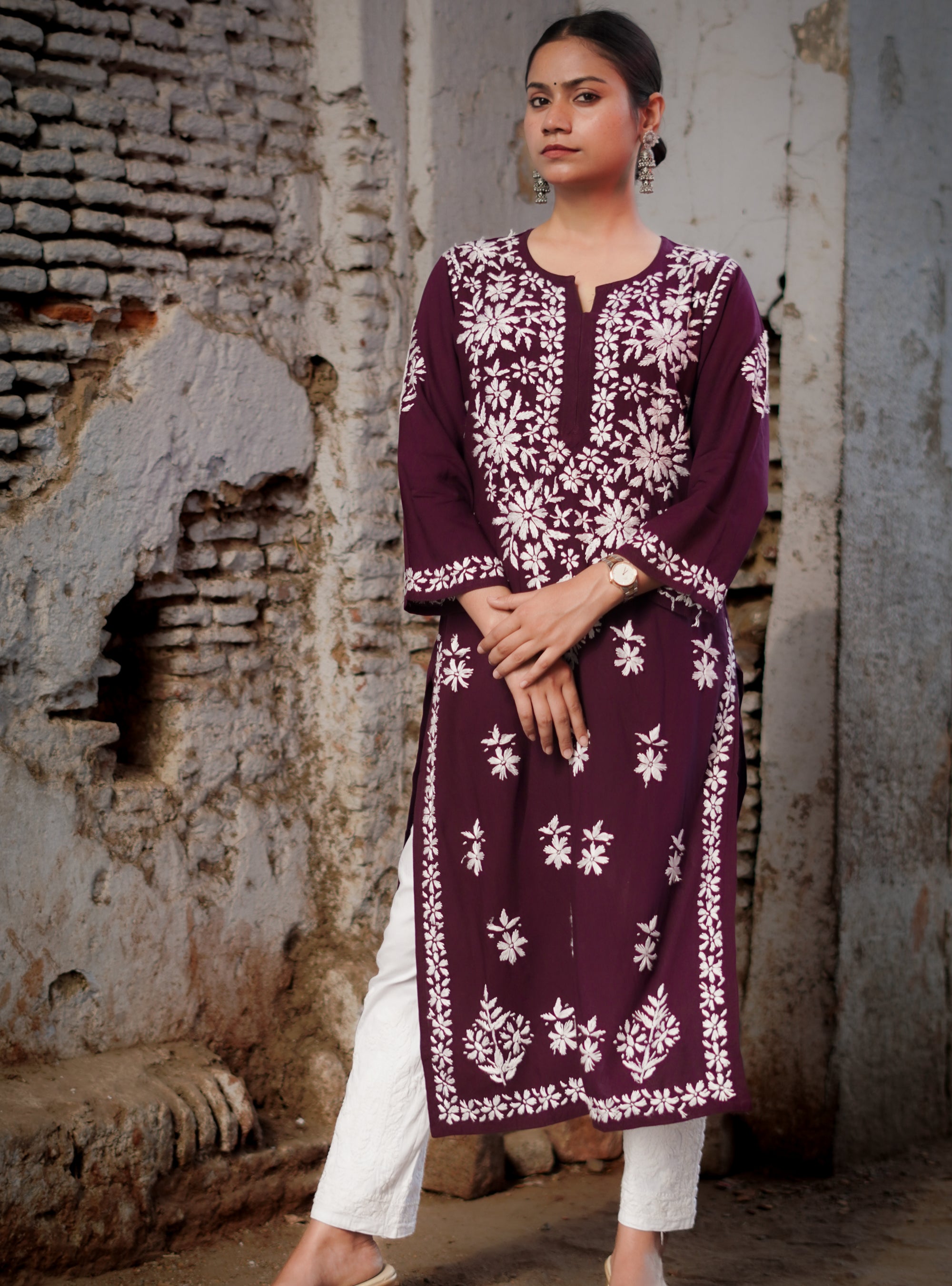Rayon Fabric Chikankari Kurti With White Colour