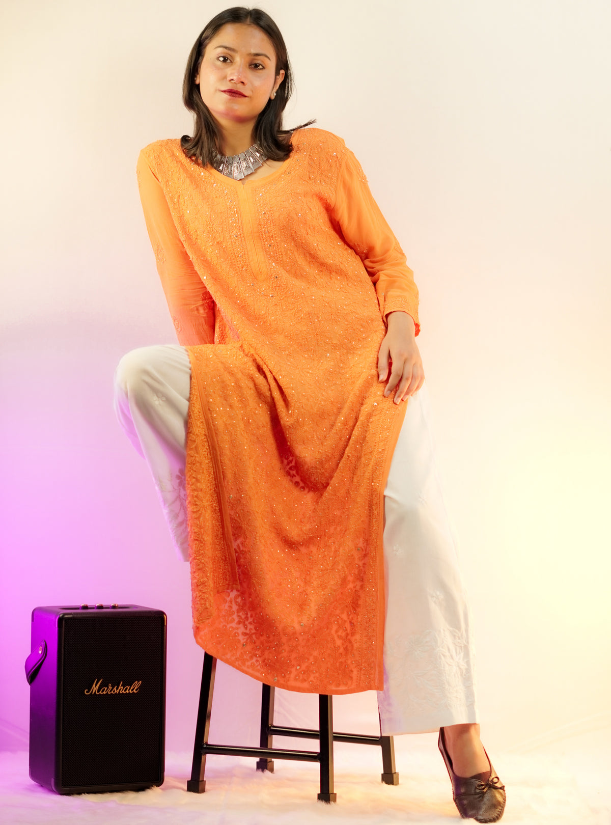 Orange- Georgette Mukaish & Chikankari Heavy Kurti