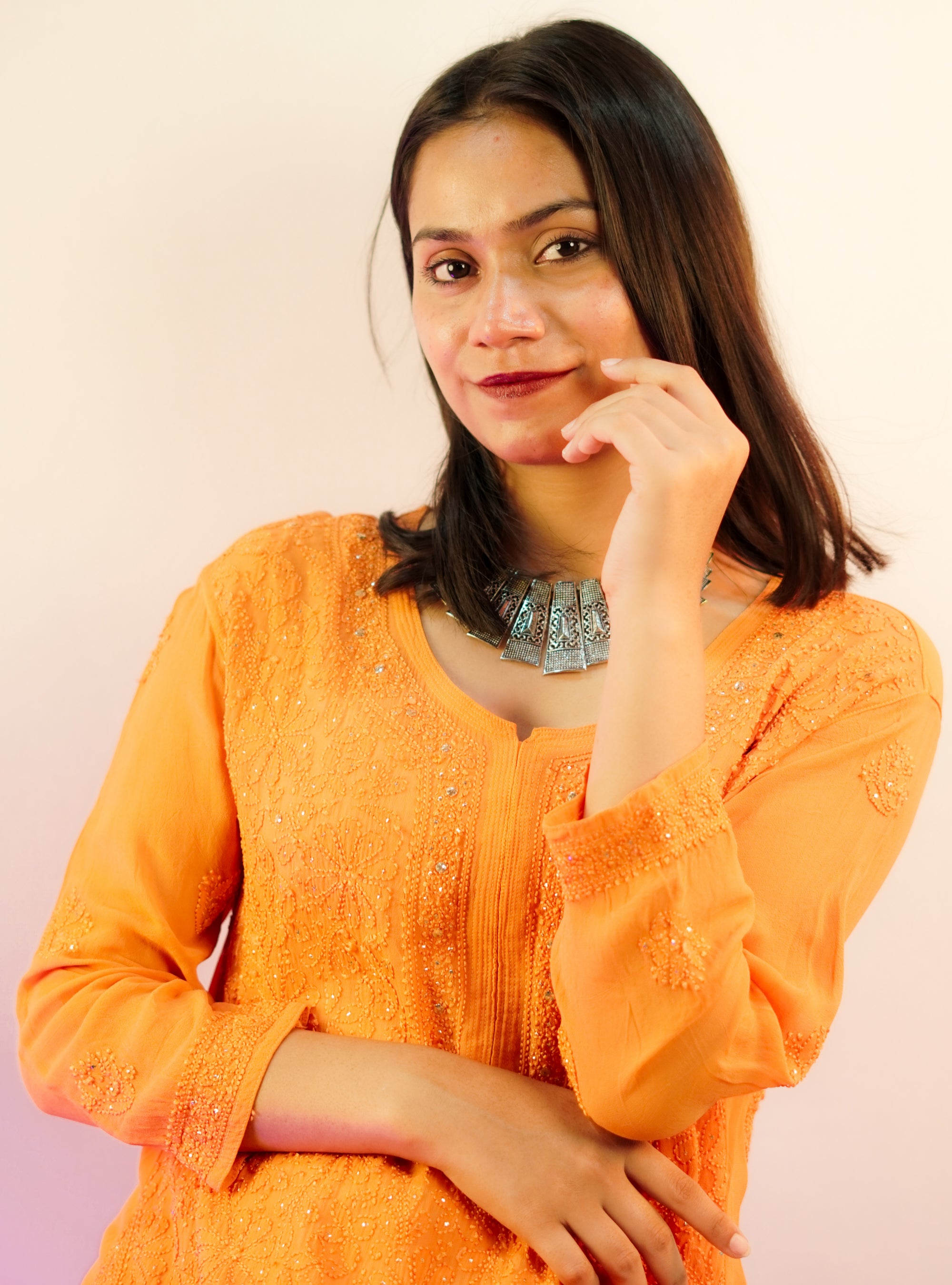 Orange- Georgette Mukaish & Chikankari Heavy Kurti