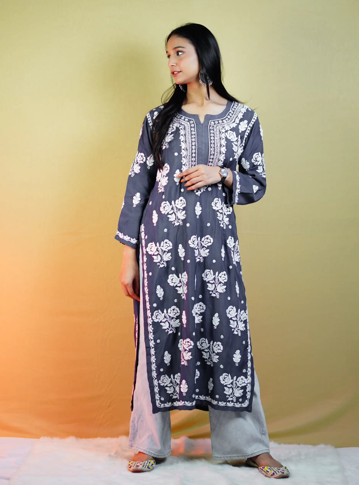 Kohinoor Muslin Chikankari Straight Fit Kurta