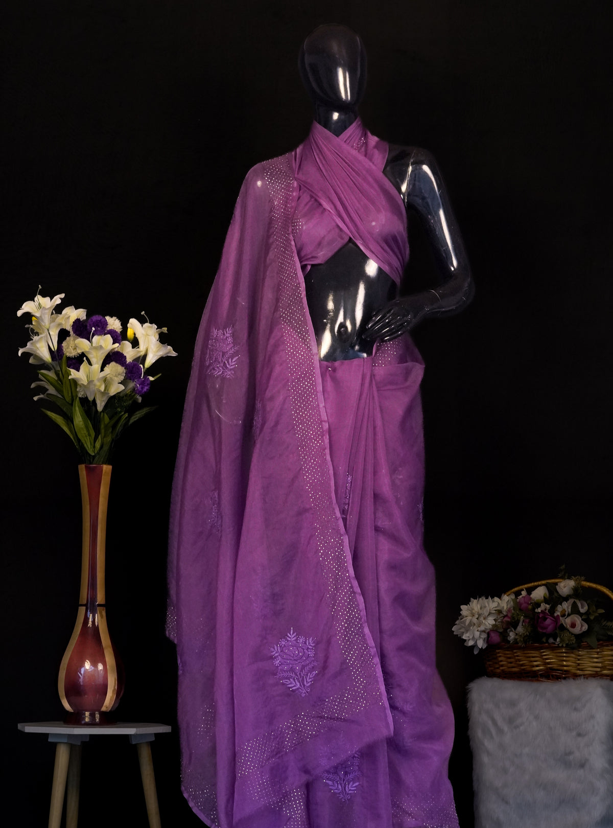 Purple Colour Saree - Organza Fabric with Embroidery