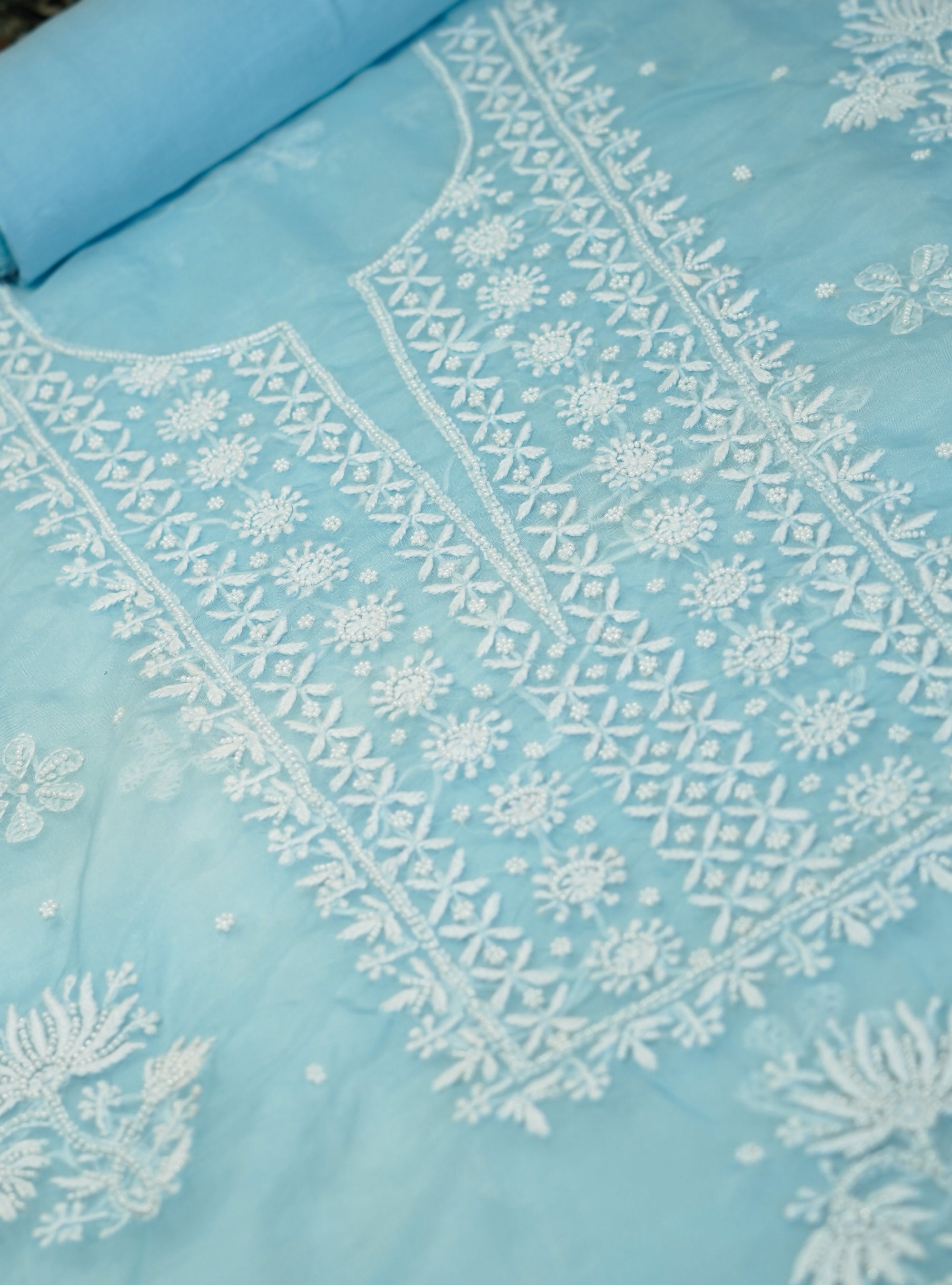 Sky Blue Organza Suit Fabric- Chikankari Embroidery With Pearl Work Detailing
