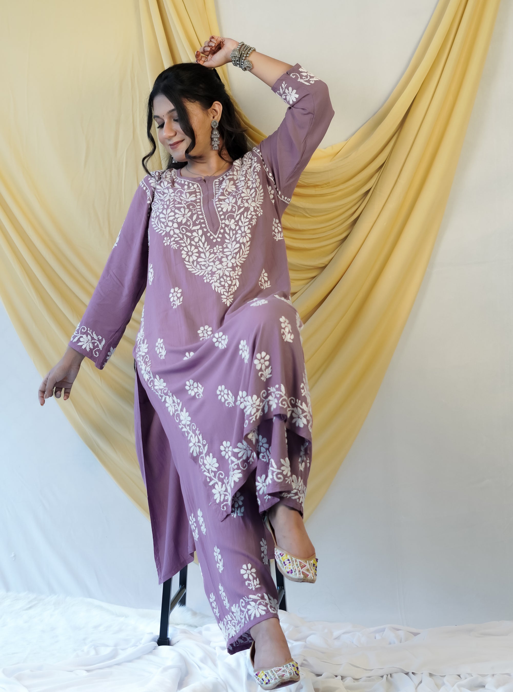 Rayon Fabric Chikankari Kurta and Palazzo Set