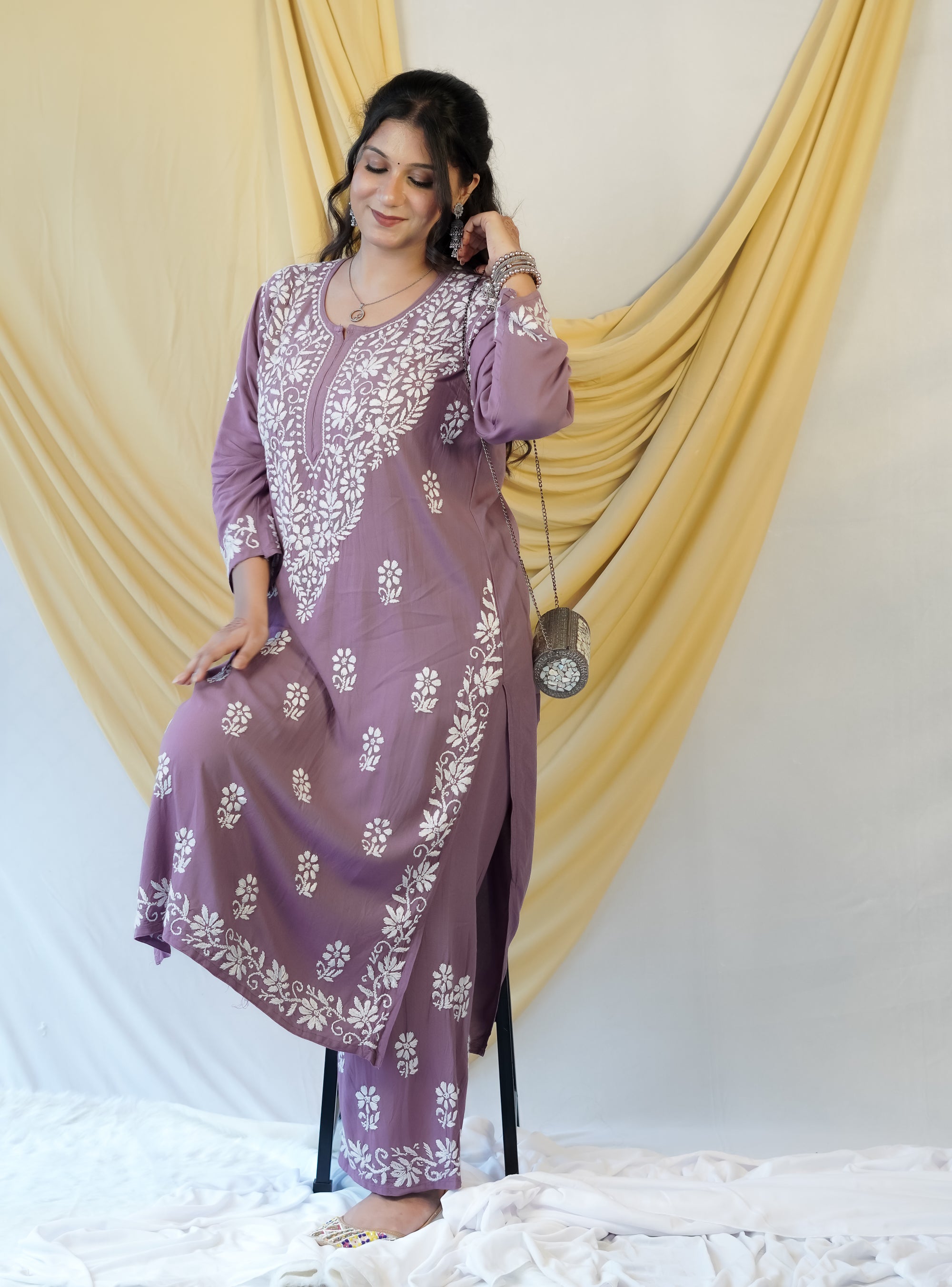 Rayon Fabric Chikankari Kurta and Palazzo Set