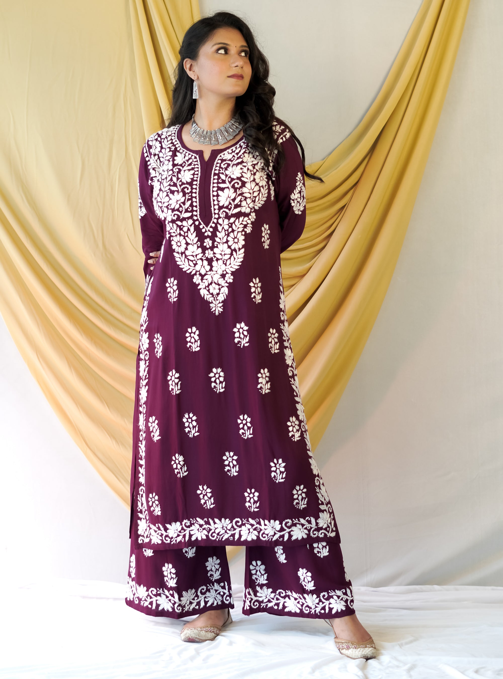 Rayon Fabric Chikankari Kurta and Palazzo Set